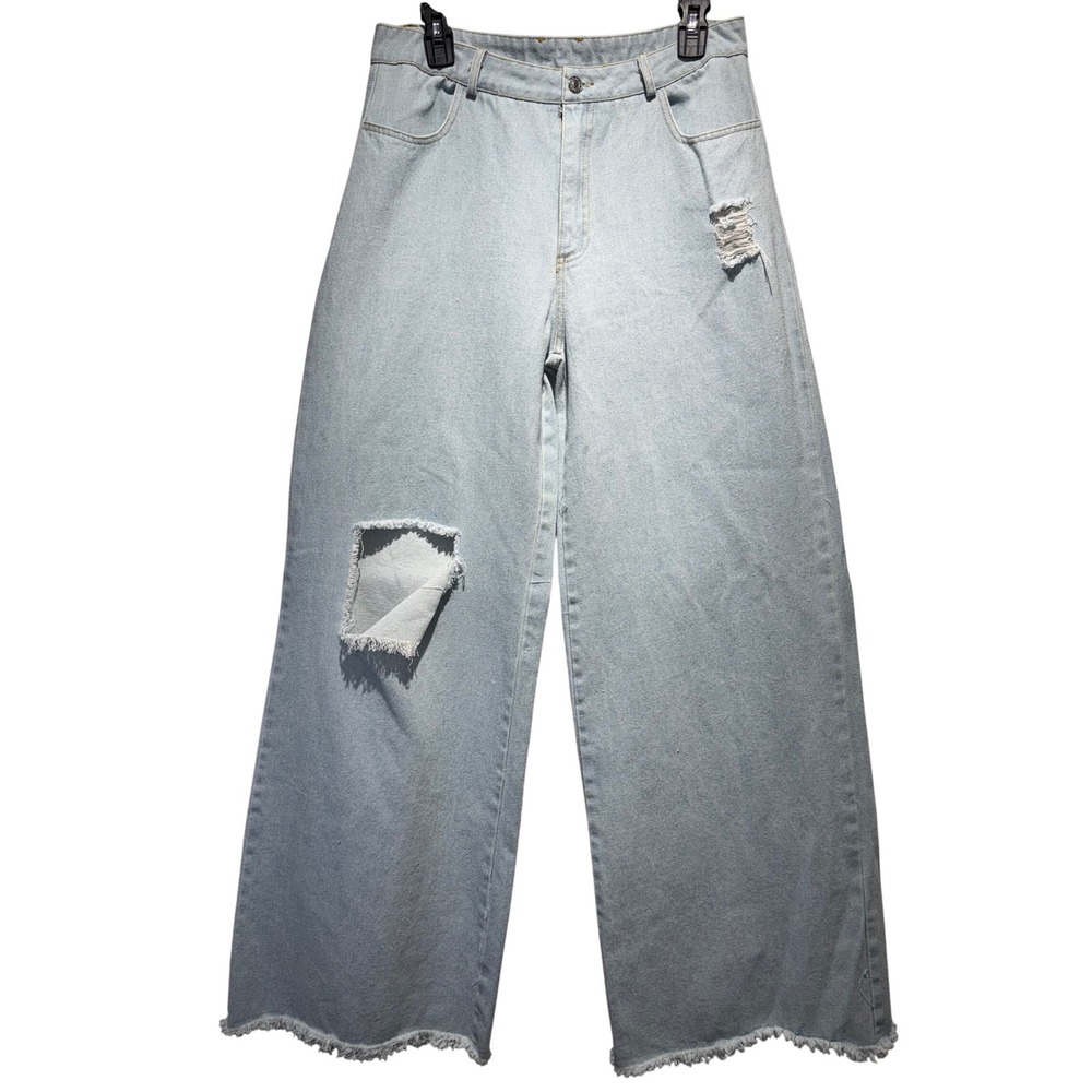 Distressed Denim Jeans Frayed Hem Ripped Knee Light Wash‎ Size M wide-leg